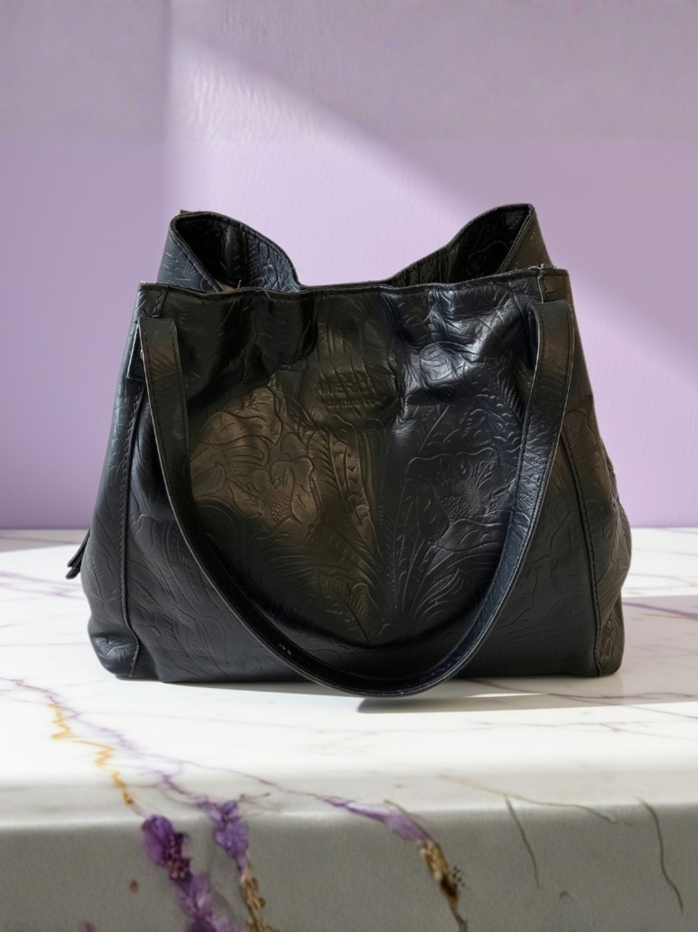 American Leather Co. Black Embossed Leather Tote Classic Women's Shoulder Bag